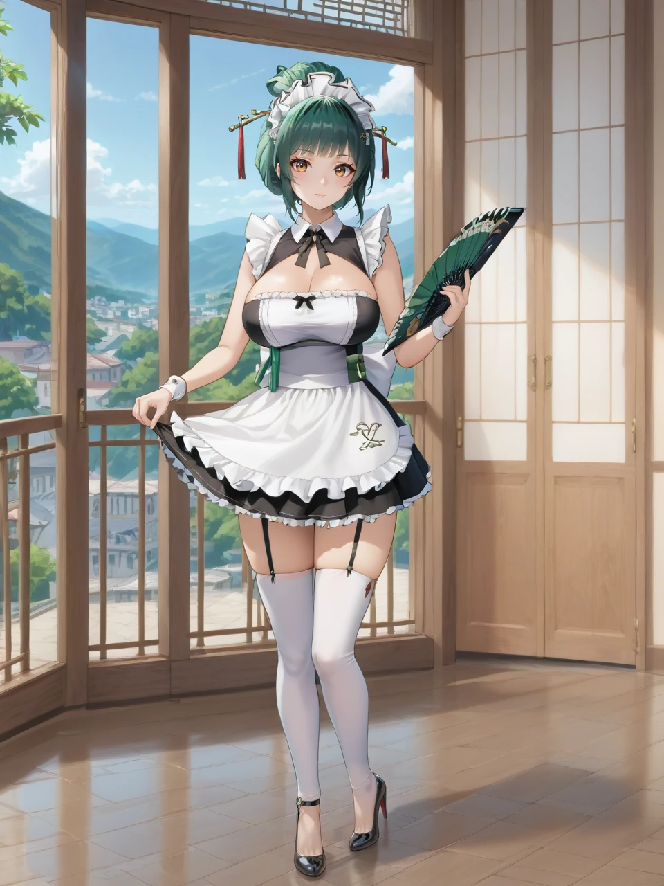 1girl, solo, Hanying, green hair, brown eyes, large breasts, hair bun, hair stick, maid, short skirt, thighhighs, high heels, standing, holding fan, indoors, window, scenery <lora:Alt_Focus:1>