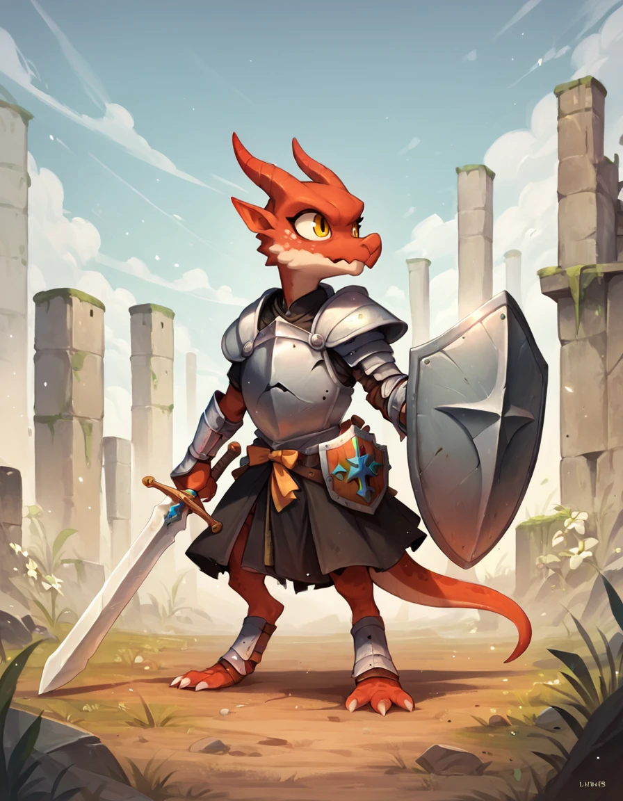 score_9, score_8_up, score_7_up, score_6_up, score_5_up, black dress, bow /\(weapon/\), gauntlets, horns, knight, kobold, pointy ears, sheath, shield, snout, spaulders, sword, yellow eyes <lora:Kobold-Pony:1> kobold