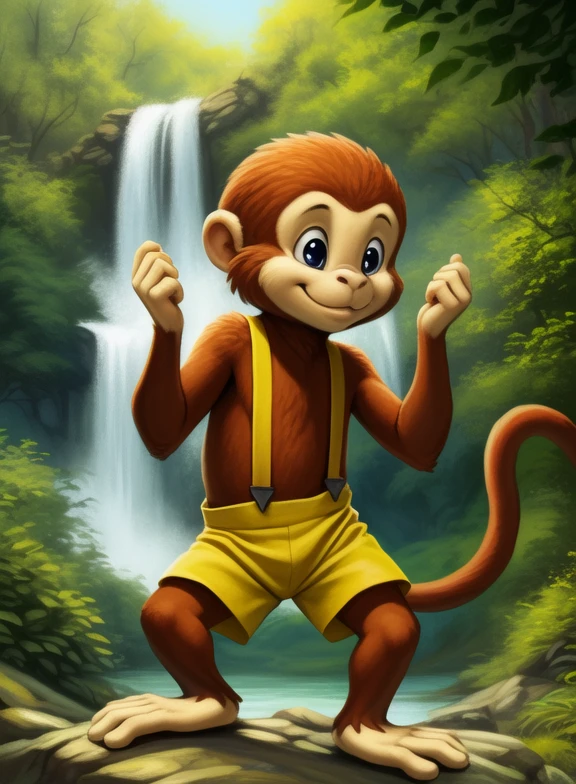 <lora:YoyoAmyRosMilPowYif:1>  YoyoAmyRosMilPow, monkey, brown fur, yellow pants with suspenders, small, chibi
Looks at the viewer, [  solo, (nature), forest, day, clouds, waterfall, smile ]  ((dancing ))
(beautiful, aesthetic, perfect, delicate, intricate, saturated colors), masterpiece, digital drawing, best quality,
[by kenket|by totesfleisch8], by thebigslick:by silverfox5213:0.8], [by syuro, by paloma-paloma::0.2, (Tricksta, TotesFleisch8)