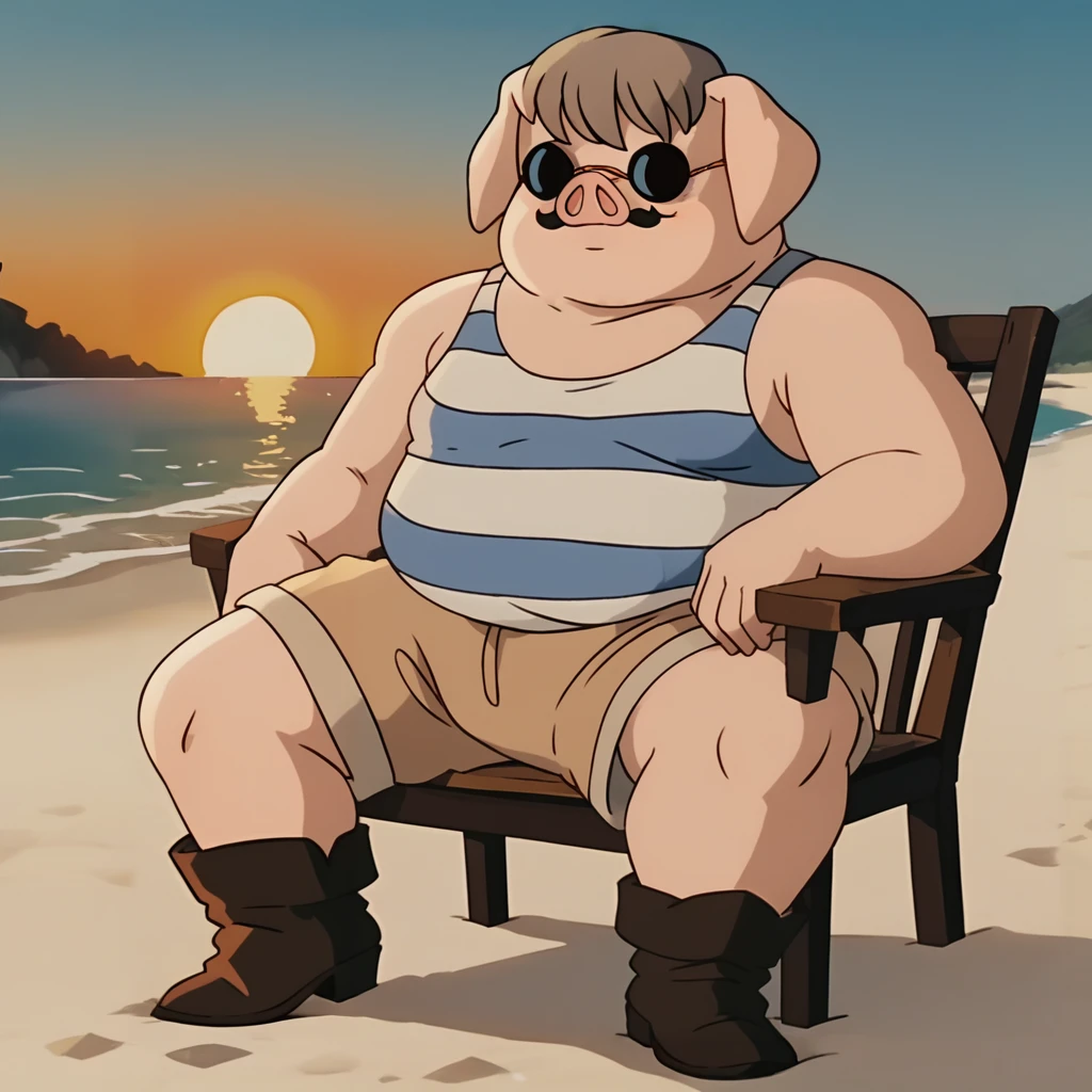 score_9, score_8_up, score_7_up, score_6_up,score_5_up, score_4_up, <lora:porco-v1-17:1> prmarcop, pig man, 1boy, fat, sunglasses, solo, striped tank top, brown shorts, boots, sitting, on chair, sunset, beach
<lora:add-detail-xl:1>