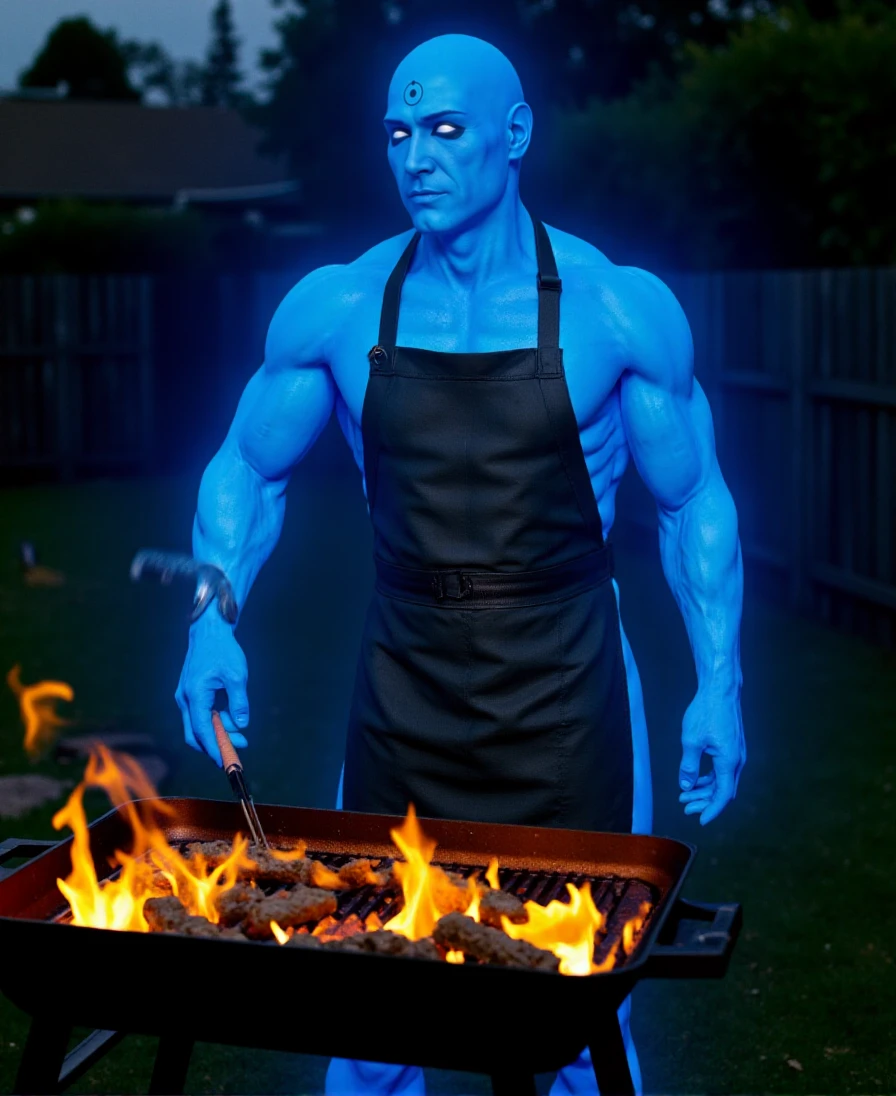 DrManhattan is a bald blue man glowing. he is cooking a barbecue in a garden. He wears an apron <lora:DrManhattan:0.9>