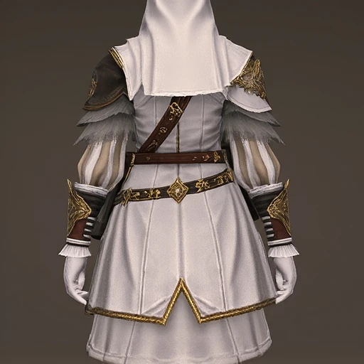 The image is a detailed, high-quality CGI rendering of a character viewed from behind. Set against an ornate fantasy crystarium styled backdrop The character is dressed in a complex, medieval-inspired outfit that features a blend of practical and ornate elements. The attire includes a long, flowing white tunic that reaches down to the knees, adorned with intricate, gold-colored embroidery along the edges and a subtle, textured pattern. The tunic has a hood that covers the head, leaving only the back of the head visible.