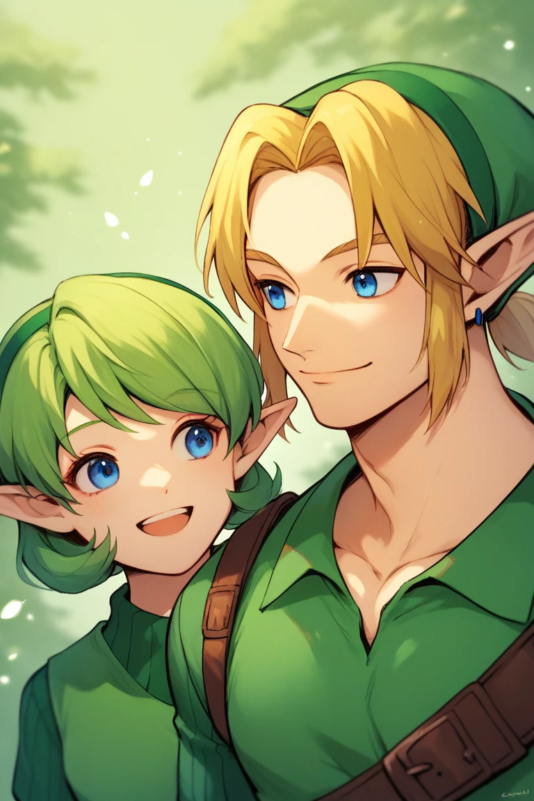 <lora:Saria_Legend_of_Zelda:1> ootsariapdxl, green hair, short hair, blue eyes, pointy ears, green sweater, ribbed sweater, green tunic, green hairband, 1girl, 1boy, link, blonde hair, smile, score_9, score_8_up, score_7_up, score_6_up, score_5_up, score_4_up, high quality, best quality