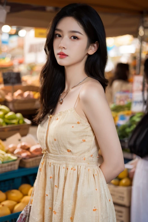 masterpiece, best quality, ultra-detailed, ultra high res, (photorealistic:1.4), raw photo, (realistic:0.2), 8k HDR, realistic lighting, looking at viewer, 1girl, solo, asymmetrical hair, bangs, outdoor, sky, (traditional market:1.2), bokeh, (detailed lips), (day), (detailed pores), (detailed skin textures), (detailed face:1.2), (body:1.2), cowboy shot, a woman portrait in a sundress, simple necklace,