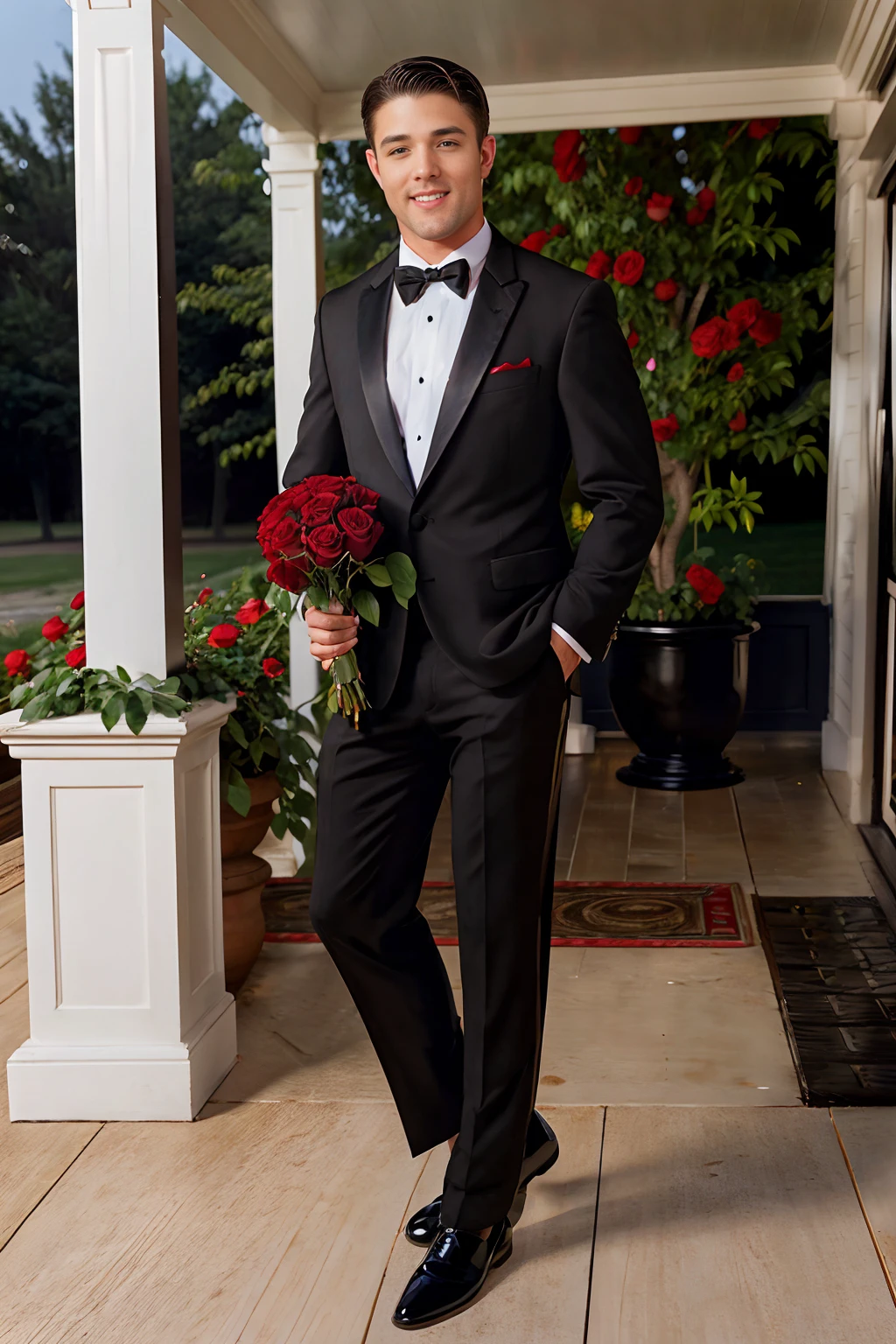 standing on a front porch, smiling, sultry, suave, RyanRose wearing a black tuxedo, black TUX3D0, holding a bouquet of (red roses), (((full body portrait))), wide angle   <lora:RyanRose:0.8>   <lora:TUX_LoRA_V1:0.8>