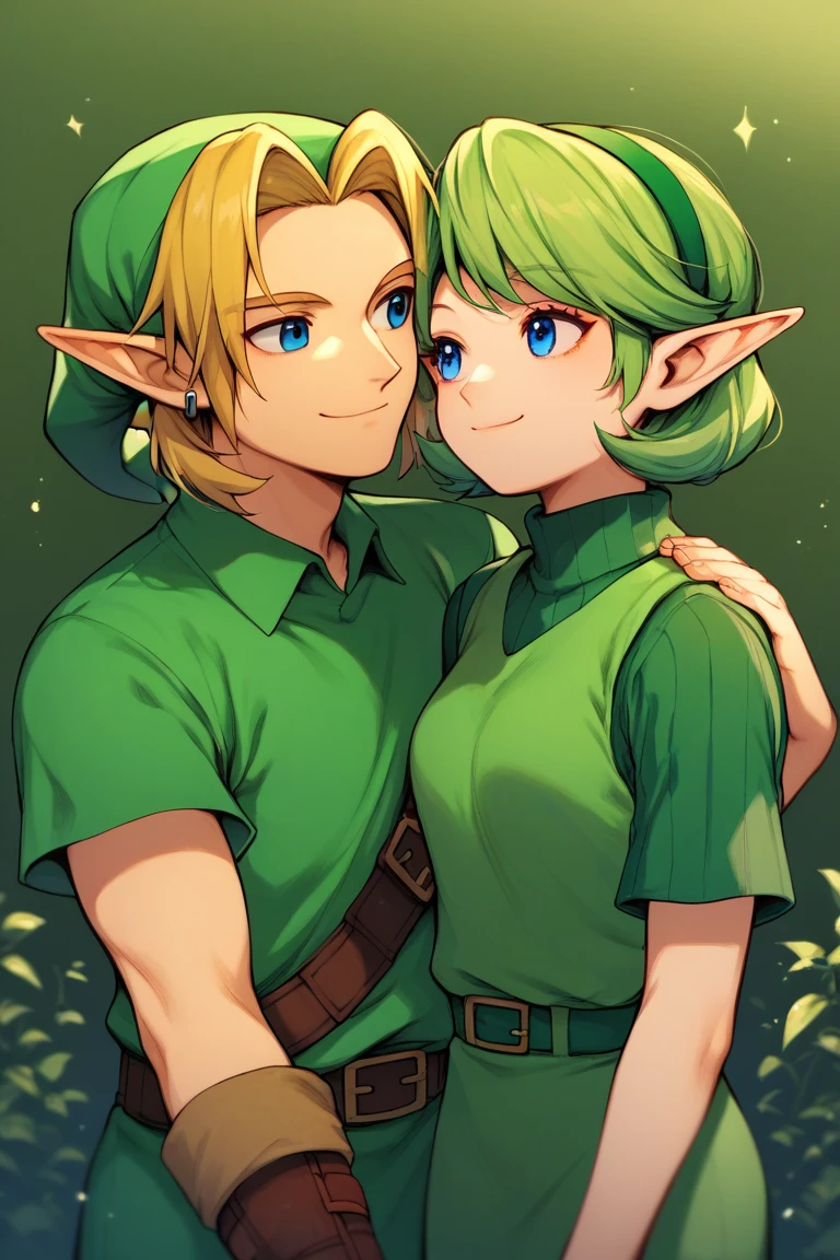 <lora:Saria_Legend_of_Zelda:1> ootsariapdxl, green hair, short hair, blue eyes, pointy ears, green sweater, ribbed sweater, green tunic, green hairband, 1girl, 1boy, link, blonde hair, smile, score_9, score_8_up, score_7_up, score_6_up, score_5_up, score_4_up, high quality, best quality