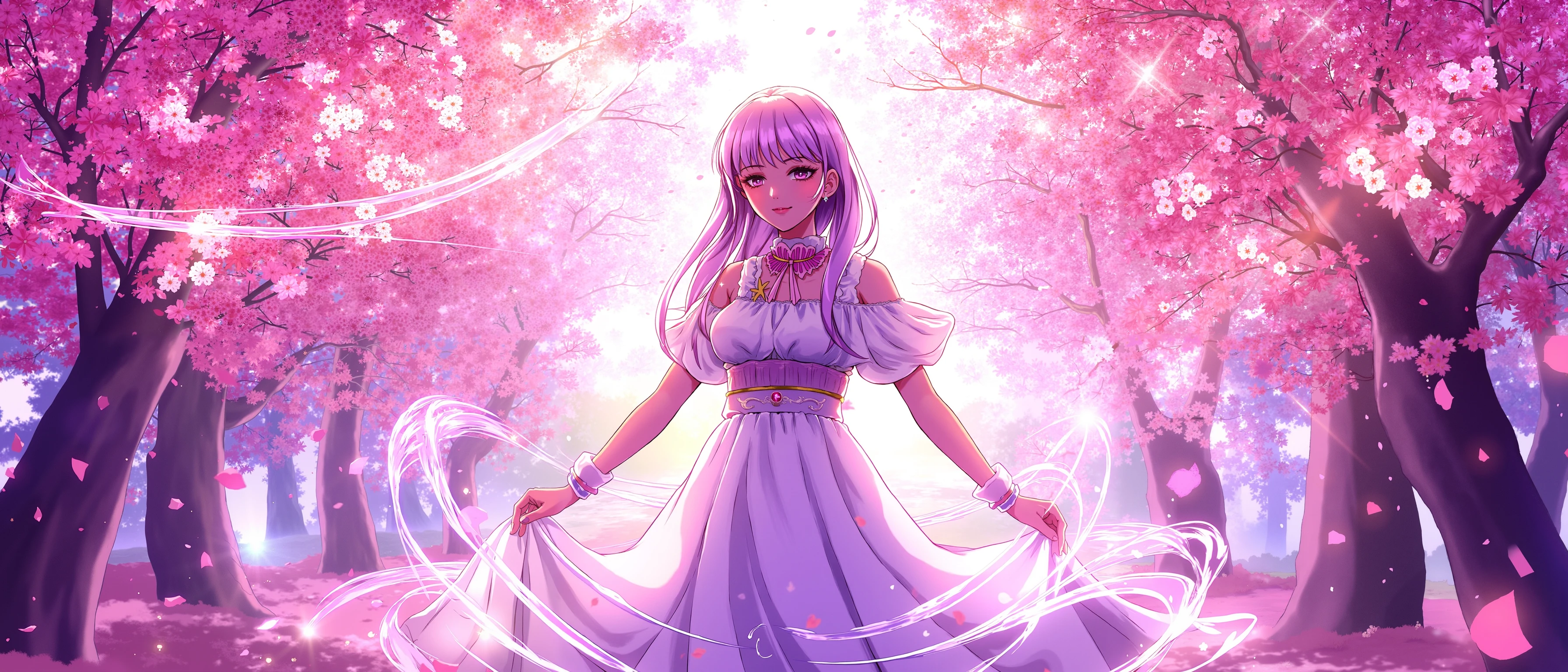 A vibrant and richly detailed illustration of a woman standing in the center of an enchanting sakura forest. The scene is alive with color as thousands of sakura petals float gracefully through the air, each one glowing with a soft, magical light that shifts between shades of pink, violet, and gold. These luminous petals swirl around the girl, creating a halo of ethereal light that makes her the focal point of the scene. Her long, flowing hair is gently lifted by the breeze, and her delicate expression conveys both serenity and awe as she stands bathed in the soft, warm glow of the sakura leaves.

The forest around her is a breathtaking explosion of colors, with rich hues of pink and white blossoms filling the canopy, while the ground is dappled with the soft pastel shades of fallen petals. Beams of sunlight filter through the blossoms above, casting radiant streaks of light that dance with the glowing petals. The lighting enhances the magical feel of the scene, as the air itself seems to shimmer with an otherworldly radiance. The entire artwork is a mesmerizing blend of vibrant colors and glowing light, creating a dreamlike, peaceful atmosphere as the girl stands amidst the swirling petals in this mystical, colorful sakura forest, bright neon lighting