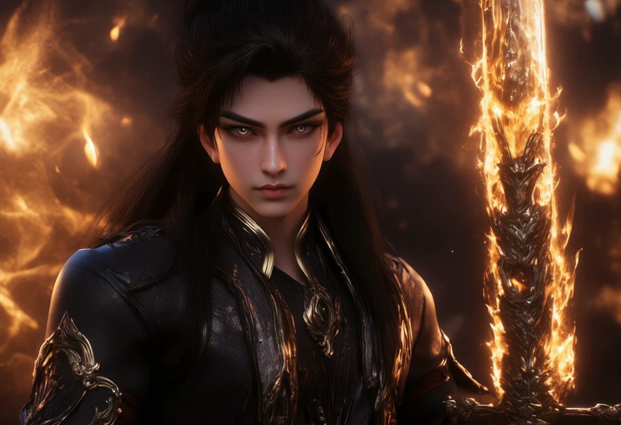 super detailed face, focus on eyes, shihao, 1boy, solo, black hair, long hair, ponytail, (A cinematic shot of a beautiful asian solo shihao, detailed face features, black hair, holding a silver glowing sword by the handle in attacking pose, gold fire around the katana blade, best quality, amazing details, temple in background:1.2), hkwarrior, mythp0rt