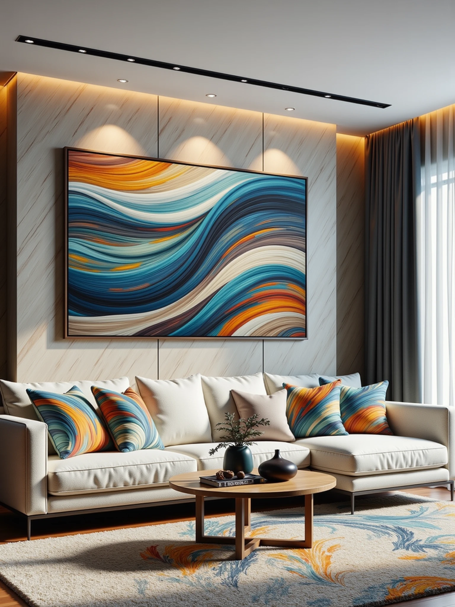 "mad-clrflxprssnstc sofa in living room, photo of a landscape on the wall <lora:colorful-expressionistic-pattern-flux:1>"