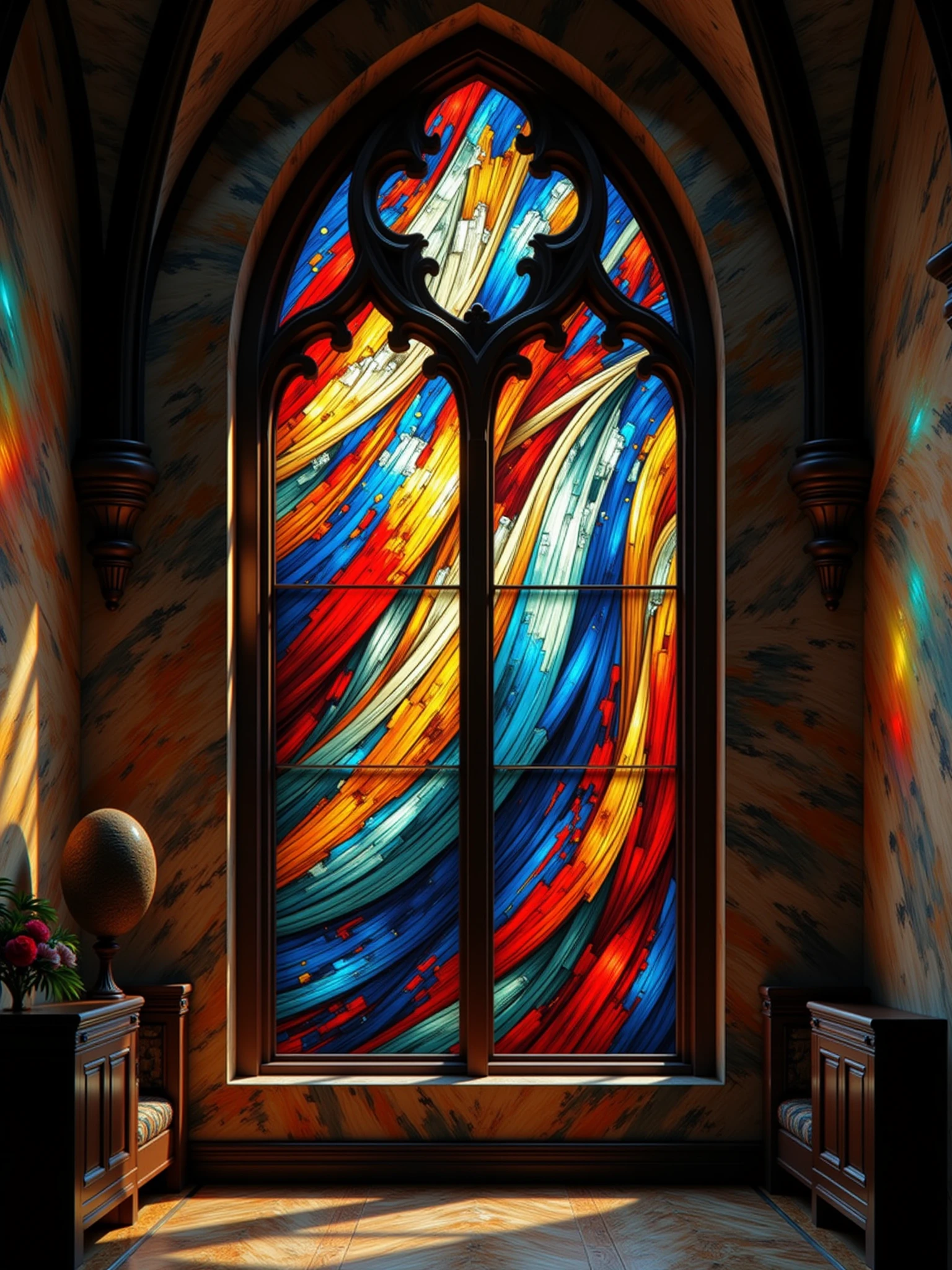 "mad-clrflxprssnstc stained glass window in a church, lightray <lora:colorful-expressionistic-pattern-flux:1>"