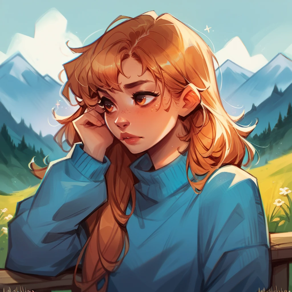 score_9, score_8_up, score_7_up, score_6_up, score_5_up,   <lora:l0tusbubbl3XLP:1> l0tusbubbl3, mountain, blue sweater, freckles, hand in own hair, 1girl