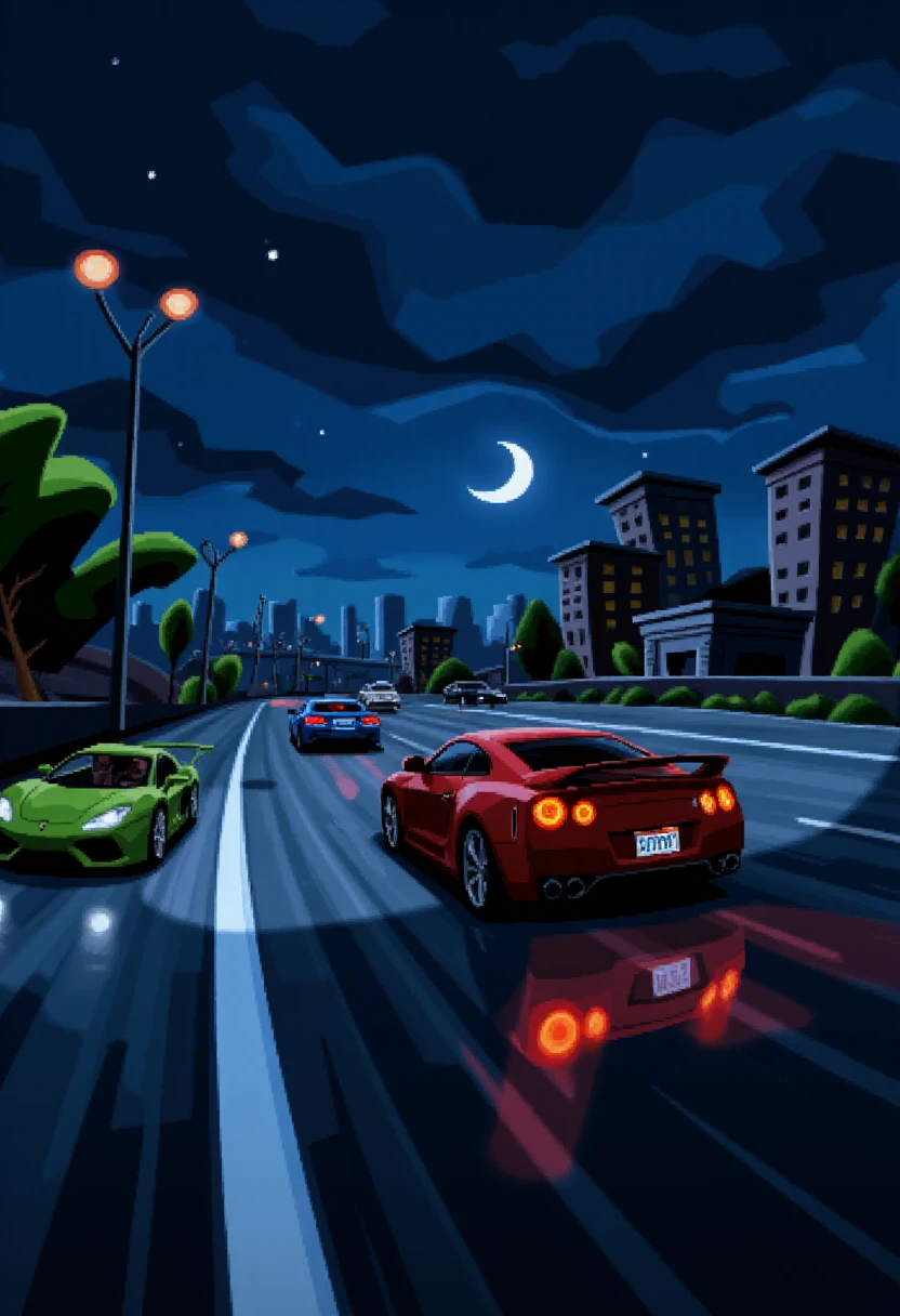 dottstyle, a sports car driving down the highway at night.  <lora:Day_of_the_Tentacle_Style_F1D:0.7>