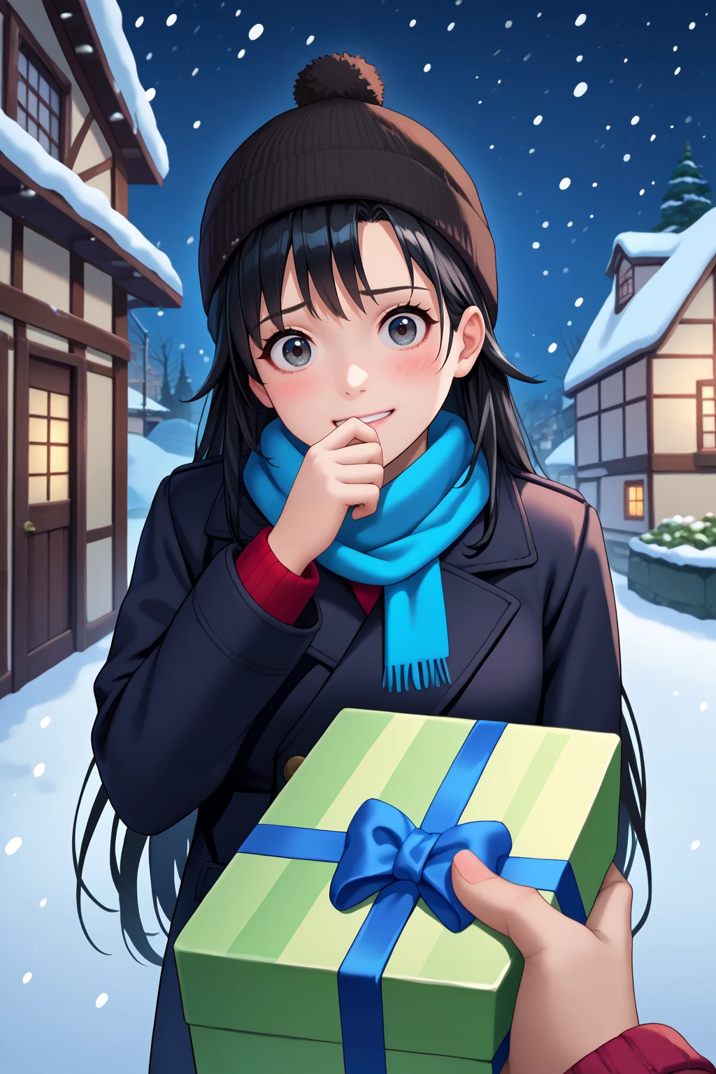 score_9, score_7_up, source_anime, upper body, looking at viewer, smile, embarrassed, shzhrtsk, large breasts, long hair, black hair, grey eyes, winter clothes, beanie, coat, scarf, hand to own mouth, PovGifting, pov hands, holding gift, gift box, outdoors, night, snowing, skyline, <lora:Hoseki_Oregairu_ShizukaHiratsuka_PDXL_v1:1> <lora:POVGifting_XLPD:1>