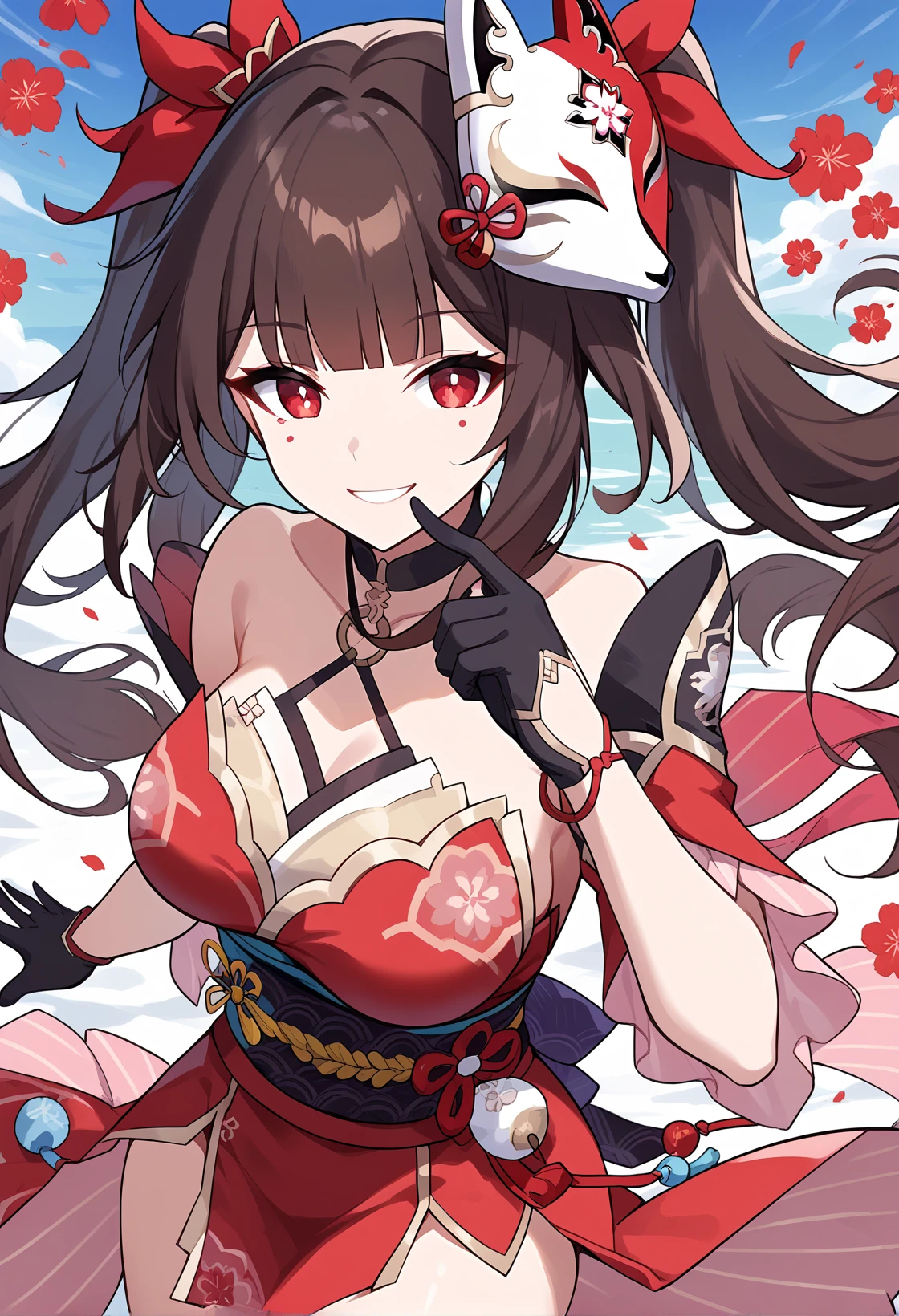 score_9, score_8_up, score_7_up, 
BREAK
1girl, solo, 
<lora:shiSparkleV1:1>, shisparkle, long hair, bangs, brown hair, hair ornament, red eyes, twintails, hair ribbon,
fox mask, mask on head, red dress, black gloves, 
looking at viewer, smile,