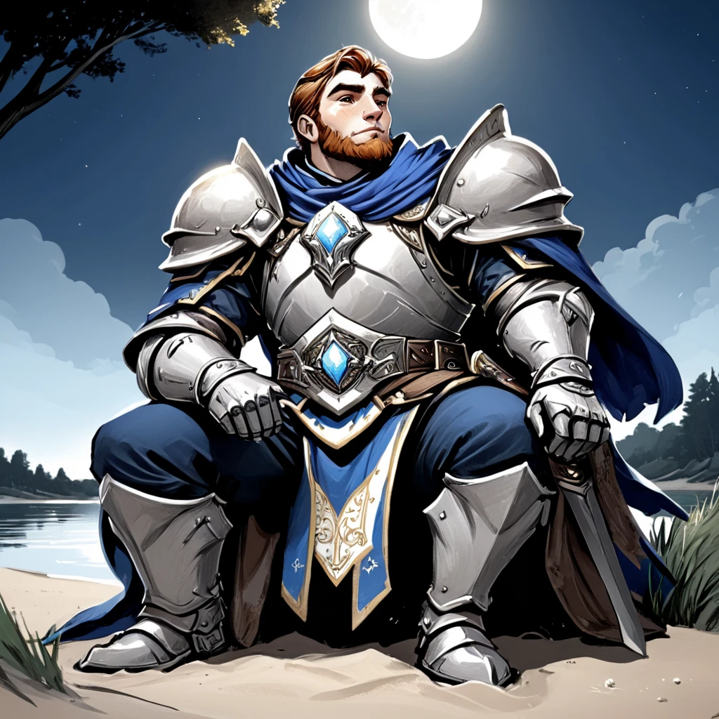 <lora:DnDBWIllustration:1> ArsMJStyle, DnDBWIllustration, Paladin, Male, Sitting on a beach near a moonlit lake