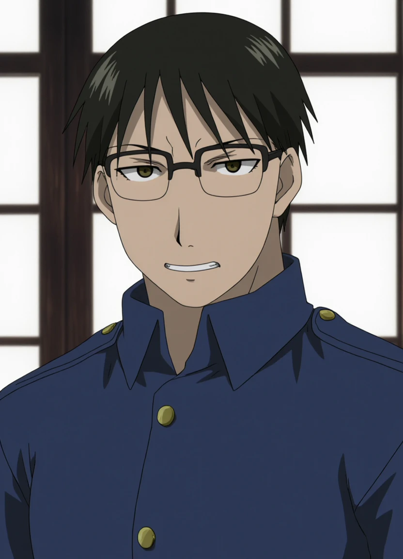 fma_style, a man in blue military uniform with short black hair and glasses looks angrily into the camera. Windows in the background