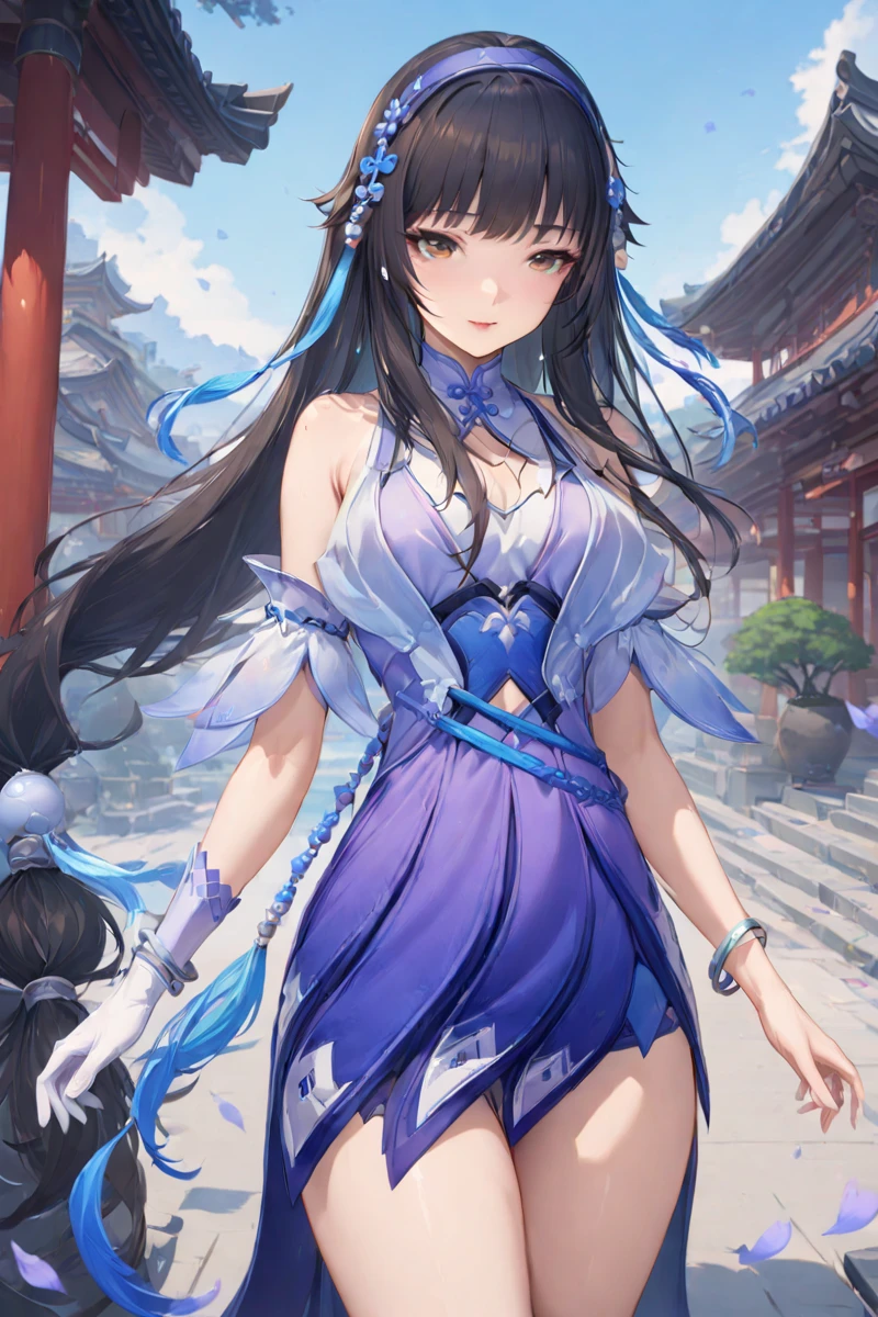 masterpiece, best quality, perfect features, 1girl, solo,looking at viewer
, east asian architecture, sky, blue sky,petals, depth of field,cowboy shot, 
,brown eyes, single glove, white glove, purple dress, hairband, hair ornament, bracelet,   <lora:Xishi_xl:0.8>