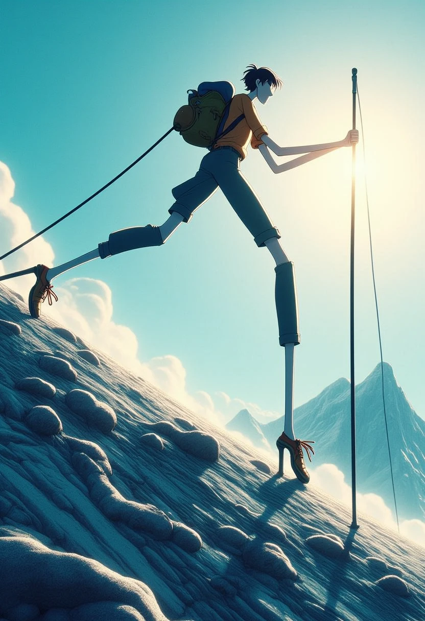 a Towering hiker climb up a hill with exaggerated long legs and arms

