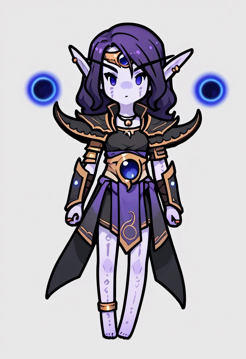 score_9, score_8_up, score_7_up, score_6_up, score_5_up, score_4_up, BREAK 
1girl, chibi, 
xalatah, purple hair, long hair, purple eyes, colored skin, purple skin, glowing eyes,
pointy ears, elf, earrings,
void sphere,
anklet, armor, bracelet, bracer, pauldrons, shoulder armor, vambraces,
barefoot, toe ring, toenails, floating,
standing, full body, solo, looking at viewer, simple background, white background <lora:RabbitAndSteelXLLocon:1>  <lora:XalAtahXL_byKonan:1>