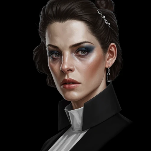 D_Hstyle, this is a highly detailed digital painting of a woman with a striking, intense expression. the artwork is rendered in a realistic, hyper-realistic style, with meticulous attention to texture and shading. the woman has a pale complexion and dark, expressive eyes accentuated with dramatic blue eyeshadow. her hair is styled in an elaborate, updo with a small, ornate hair accessory on the left side, adding a touch of elegance. she wears a dark, high-collared jacket with a white collar, which contrasts sharply with her dark attire, creating a sense of formality and authority. the background is a solid black, which makes the subject stand out sharply, emphasizing her features and the intricate details of her attire. the painting captures a sense of depth and realism through the use of light and shadow, with highlights and subtle textures that enhance the three-dimensional quality of her face and clothing. the overall mood is intense and serious, with a hint of mystery and strength conveyed through her expression and attire.