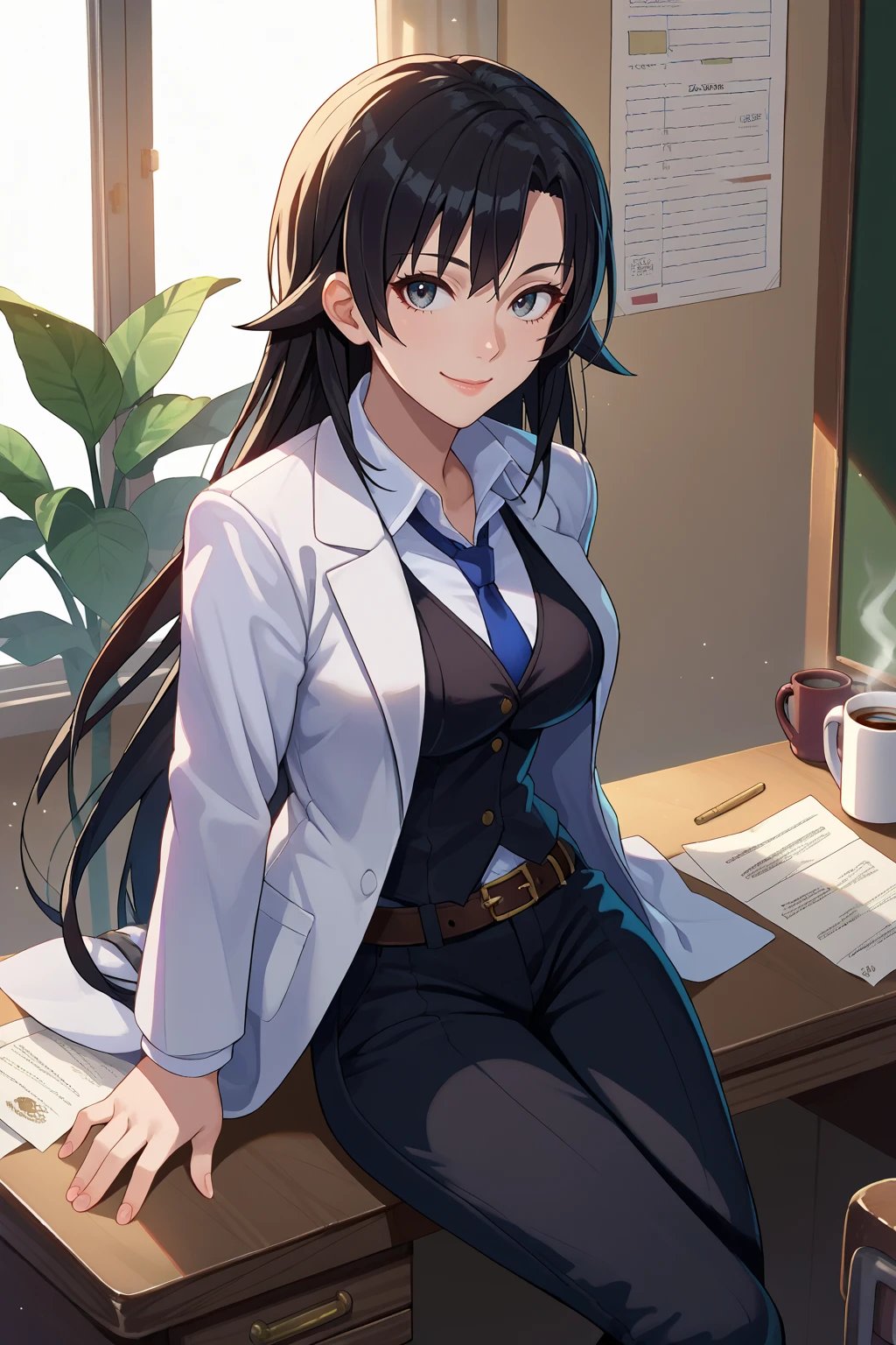 score_9, score_7_up, source_anime, cowboy shot, looking at viewer, smile, shzhrtsk, large breasts, long hair, black hair, grey eyes, labcoat, white collared shirt, black vest, blue necktie, belt, black pants, sitting, indoors, desk, office, file, paper, coffee mug, <lora:Hoseki_Oregairu_ShizukaHiratsuka_PDXL_v1:1>