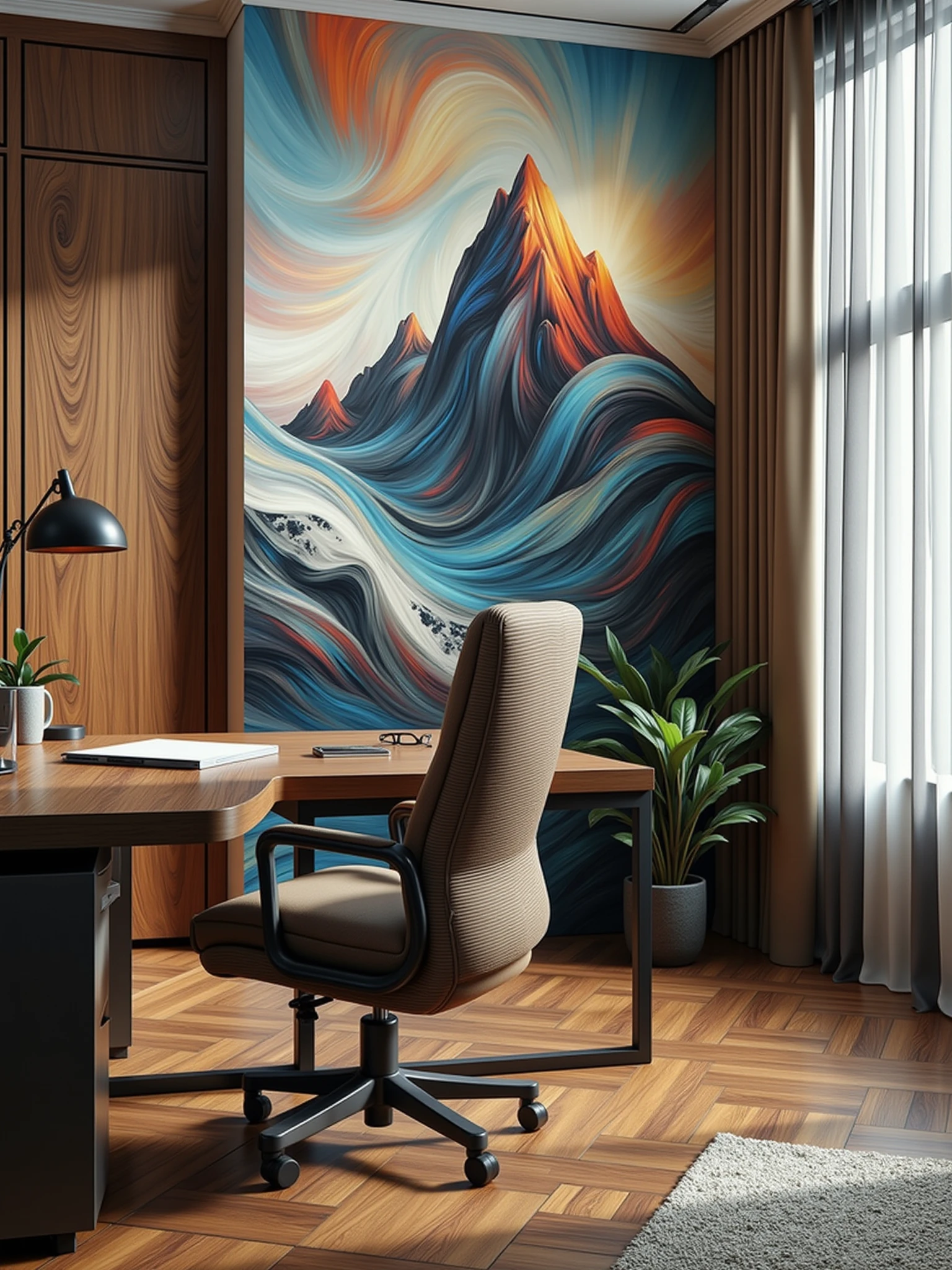 "mad-clrflxprssnstc office chair and wooden desk in an expensive office, photograph of a mountain on the wall <lora:colorful-expressionistic-pattern-flux:1>"