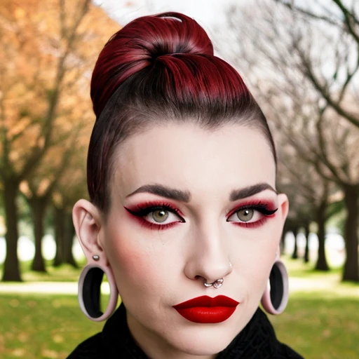 a portrait womans's head with bigstretchedtunnel  <lora:EARZ:0.65> ear piercing, bigstretchedtunnel, black eyes red lips in the park