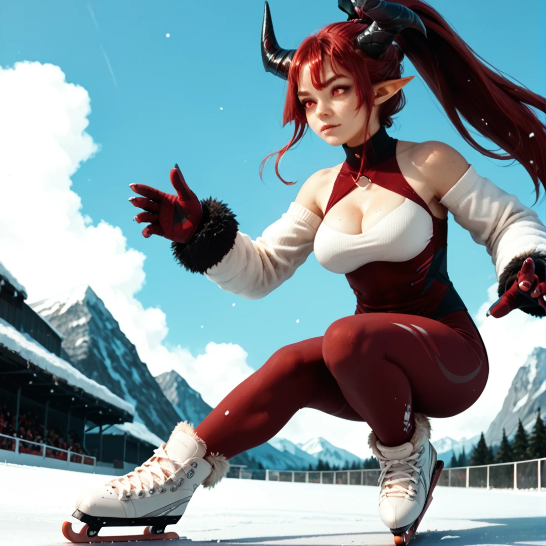 anime artwork Masterpiece, high quality, score_9, score_8_up, score_7_up, 1girl, snow mountain, ice skating, ice skates, skiing gear, fur trim, <lora:New LoRa:0.8> higan, red hair, long hair, pointy ears, horns, red eyes, large breasts, ponytail, . anime style, key visual, vibrant, studio anime,  highly detailed