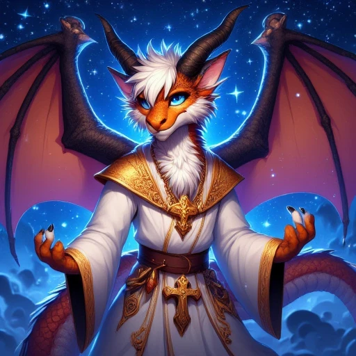 fursona, fantasy fursona, furry, dragon , This is a vibrant digital artwork featuring an anthropomorphic dragon character set against a mystical, starry night sky. The dragon, depicted with a blend of human and reptilian features, stands in the center of the image. It has a humanoid body, with a long, serpentine tail and large, bat-like wings extending from its back. The dragon's skin is a warm, reddish-brown hue, adorned with intricate scales that sparkle slightly under the moonlight.  The dragon's face is expressive, with large, glowing blue eyes and a gentle, almost serene expression. It has a pair of large, curved horns protruding from its head and a tuft of white hair framing its face. The dragon is dressed in a flowing, white robe with golden trim and a large, golden cross pendant hanging from its neck. The robe is intricately designed with patterns and symbols, adding to the mystical ambiance.  The background is a serene, starlit sky with a large, glowing full moon dominating the scene. The moon casts a soft, warm light that illuminates the dragon's features and the surrounding landscape. Below, the sky transitions into a misty, ethereal landscape with wispy clouds and distant, snow-capped mountains. The overall mood of the image is serene and