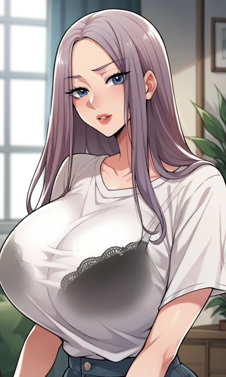 score_9, score_8_up, score_7_up, light purple hair, blue eyes, long hair, parted lips, indoors, huge breasts, underwear, bra, shirt, sexy body, beautiful, looking at viewer