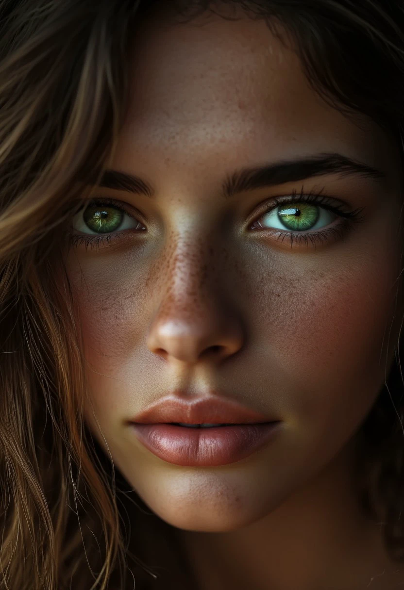 eye photo, green magic light, green magic dark, beatiful wooman eye magic, hair ultrarealistic, visible skin imperfections, ultra high resolution, Fujifilm Superia X-TRA 800, Hasselblad 907X