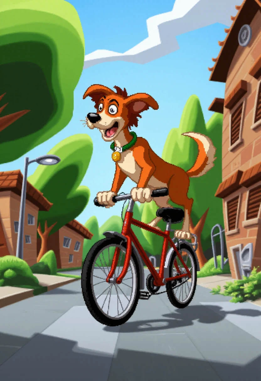 dottstyle, a dog riding a bicycle down the street.  <lora:Day_of_the_Tentacle_Style_F1D:0.8>