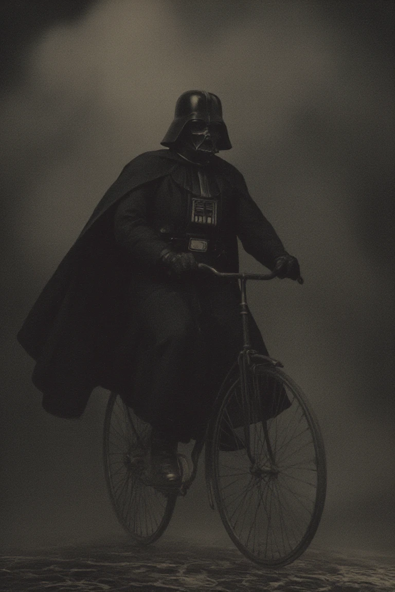 darth vader riding a penny farthing high wheel bicycle, by william mortensen, vintage horror theme with a haunting atmosphere, dramatic lighting, creative use of light and shadow play
