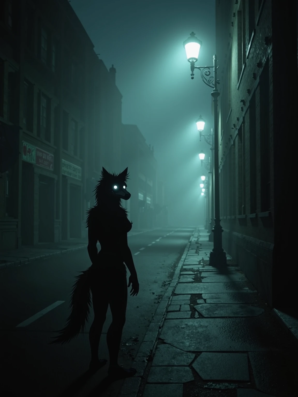 A foggy, abandoned city street at midnight, lit only by flickering streetlights. Shadows stretch long across the cracked pavement, with old, crumbling buildings towering over the scene. Barely visible in the mist, stands a female monster named SCP-1471 with a black fur, watching from the edge of the fog watching at the viewer with her glowing eyes. She is standing sideways so we can see her skull.