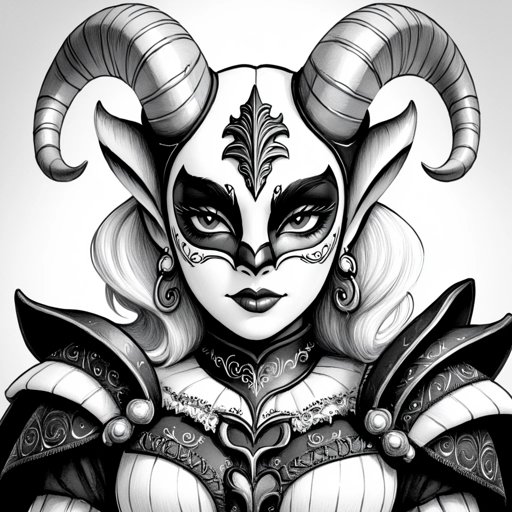 <lora:DnDBWIllustration:1> ArsMJStyle, DnDBWIllustration, Venetian masks, The image shows a black and white drawing of a woman with horns on her head wearing a costume against a white background., 1girl, greyscale, monochrome, solo, horns, earrings, jewelry, looking at viewer, armor, shoulder armor