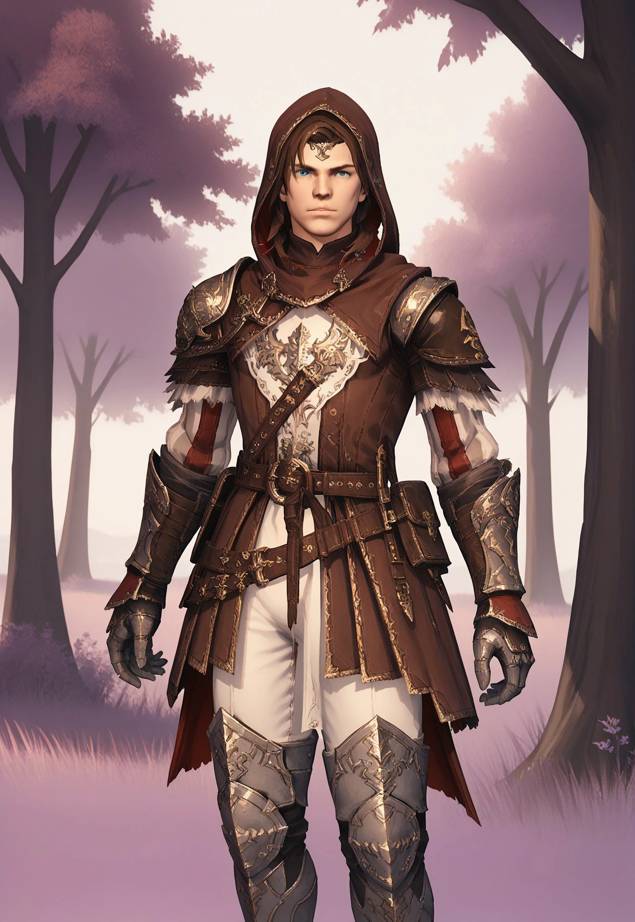 archeo_rinascita, solo, armor, gloves, 1boy, male focus, blue eyes, brown hair, boots, hood, half body, standing, belt, shoulder armor, hood up, gauntlets, pauldrons, greaves, looking at viewer, outdoors, fantasy background, purple trees, purple grass, ffxiv, fantasy clothing, final fantasy xiv BREAK PonyXLV6_Scores