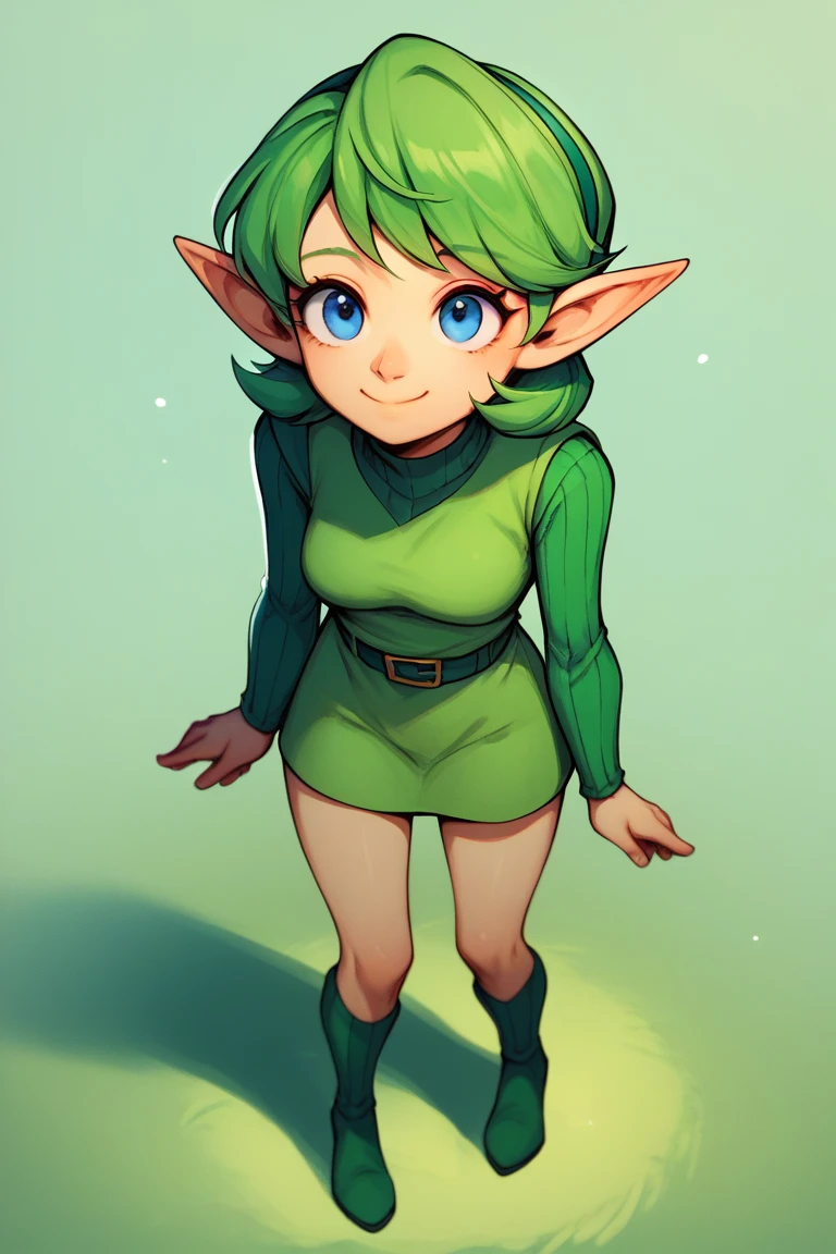 <lora:Saria_Legend_of_Zelda:1> ootsariapdxl, green hair, short hair, blue eyes, pointy ears, green sweater, ribbed sweater, green tunic, green hairband, 1girl, solo, full body, aged up, medium breasts, smile, score_9, score_8_up, score_7_up, score_6_up, score_5_up, score_4_up, high quality, best quality