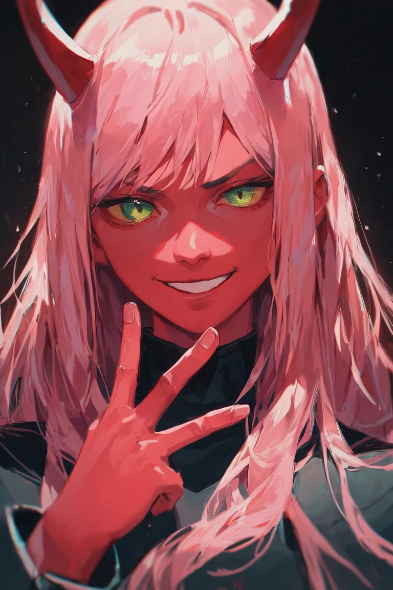 score_9, score_8_up, score_7_up, source_anime, hi res, masterpiece, best quality, highres, Zero Two, 1girl, masterpiece, best quality, long hair, (red skin), red horns, pink hair, green eyes, colored sclera, upper body, black robe, dark background, looking at viewer, smile, v-shaped eyebrows