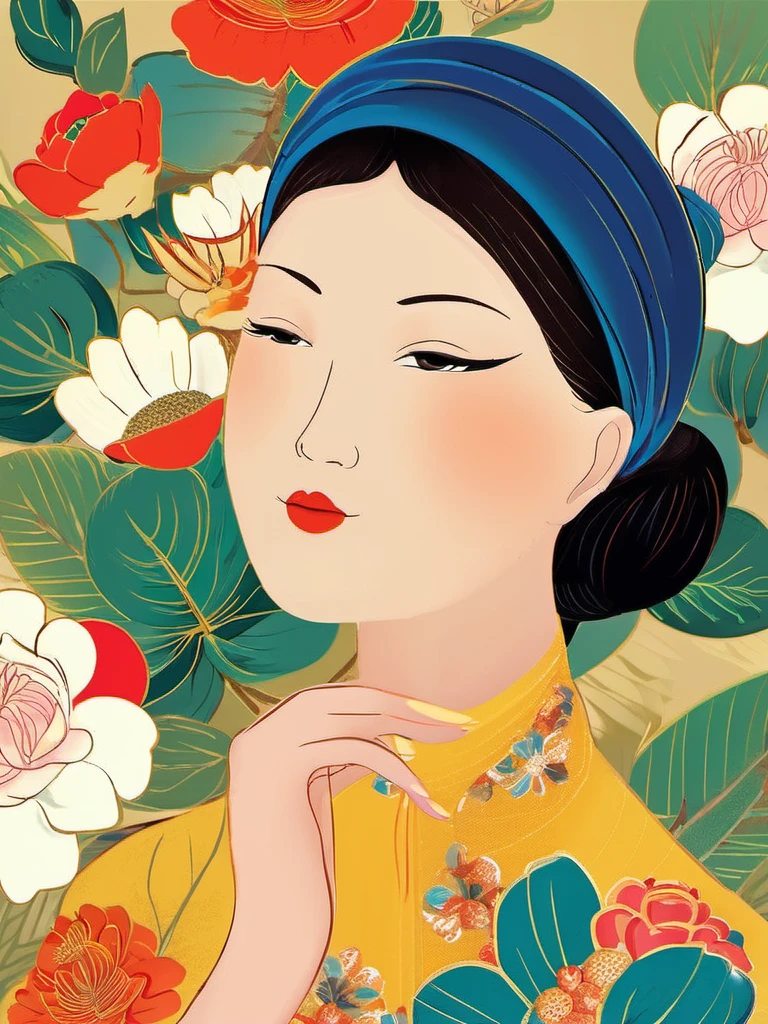 <lora:NGUYENLADY:1>,in style of NGUYENLADY, illustration of woman portrait, wearing halterneck,headwear, beauty, flower background,  flower,   <lora:add-detail-xl:.7>