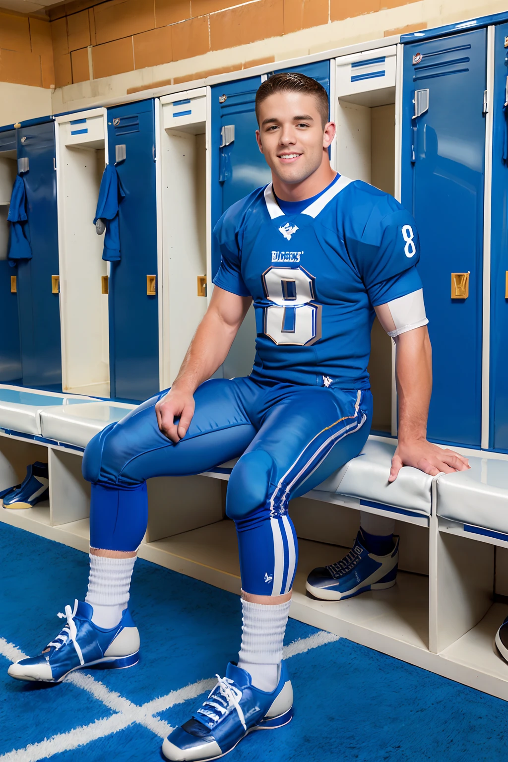 locker room, sitting on a bench, in front of lockers, slightly smiling, RyanRose is an (American football player), wearing (football uniform:1.3), (blue jersey:1.5), jersey number 88, (blue football pants:1.4) with white stripe, (white socks:1.3), long socks, (sneakers:1.3), (((full body portrait))), wide angle  <lora:RyanRose:0.8>