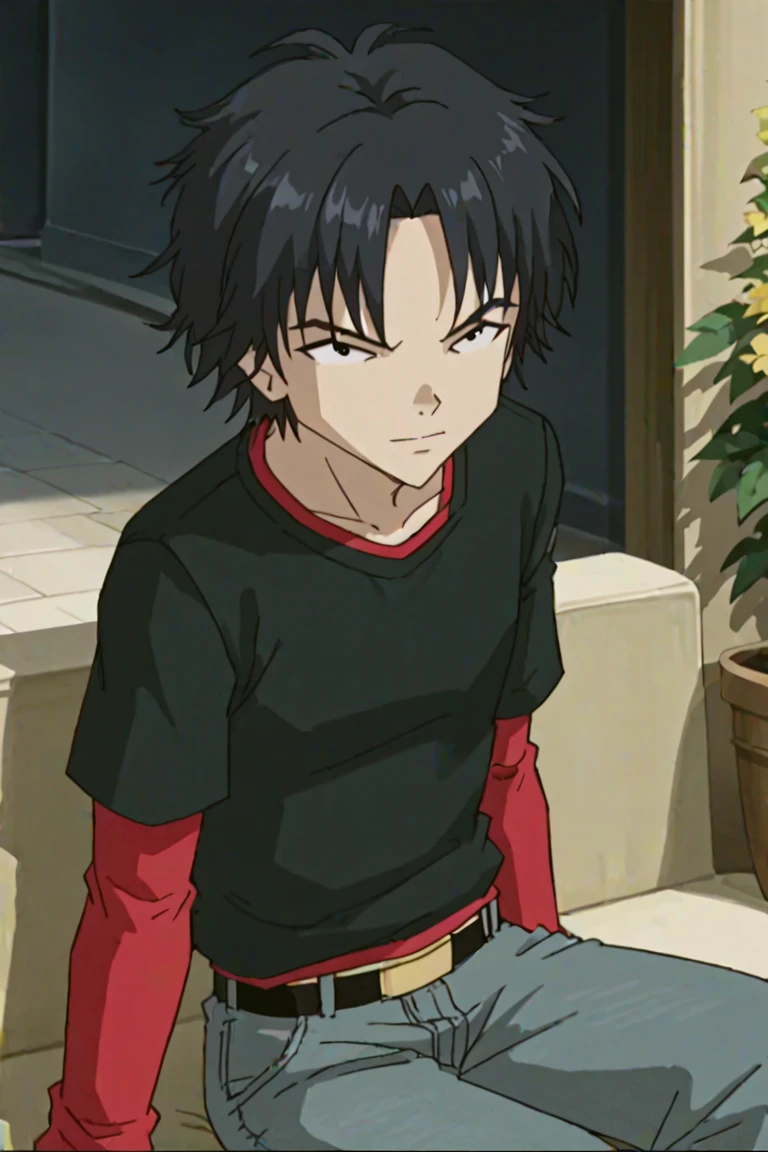 score_9, score_8_up, score_7_up, source_anime, rating_safe, WilliamCL, 1boy, male focus, black eyes, anime screencap, black_William_shirt, red_WIlliam_long sleeves, William_pants, black-yellow_William_belt, sitting
