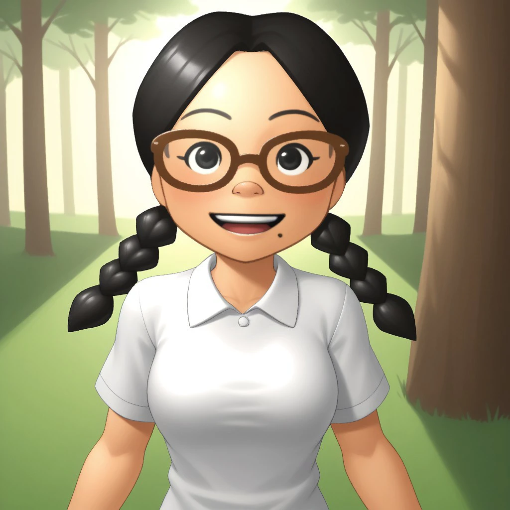 score_9, score_8, BREAK, solo, mii, wii, black eyes, brown glasses, small nose, half circle nose, big mouth, open mouth, teeth, mole under mouth, black hair, low braids, white clothing, black pants, barefoot, blush, 1girl, female mii, cute, medium breasts, keiko_(\Wii_Sports\), wii Sports, Nintendo Mii, modern_mii, classic_mii, sexy pose, smile, outdoors, sunlight, shadows, evening lighting, natural lighting, forest, trees, grass, orange sky, sunset