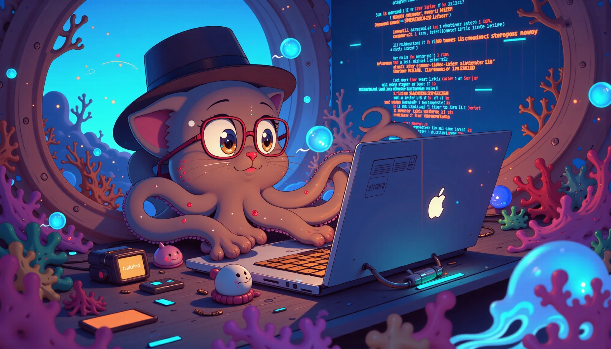 Adorable cartoon octopus mascot with cat-like features, tentacles wrapped around a sleek silver laptop. Bioluminescent blue glow emanating from the screen, illuminating the octocat's wide-eyed expression. Holographic code snippets floating in the air around the creature. Transparent bubbles containing colorful programming languages and syntax. Cyberpunk-inspired underwater office setting with neon-lit coral structures. Glowing fiber optic cables intertwined with seaweed. Translucent jellyfish drifting by, their bodies displaying scrolling lines of code. Octocat wearing hipster glasses and a tiny fedora hat. Steampunk-style mechanical keyboard with brass keys and gears. Octopus tentacles seamlessly merging with the laptop's circuitry. Ethereal streams of binary data swirling in the background. Futuristic holographic displays projecting complex algorithms. Bioluminescent plankton creating a starry effect in the surrounding water. Octocat's fur textured like velvet, with subtle iridescent sheen. Tiny robotic fish swimming nearby, their bodies made of circuit boards. Floating virtual reality headset nearby, pulsing with energy. Octocat's eyes reflecting intricate code patterns. Tentacles adorned with glowing tattoos of programming symbols. Miniature submarine workstation with portholes revealing the deep sea beyond. Bioluminescent algae growing on nearby rocks, spelling out "Hello World" in various programming languages. Shimmering force field surrounding the octocat and laptop, protecting from the ocean depths. Playful sea creatures curiously observing the coding session from a distance.