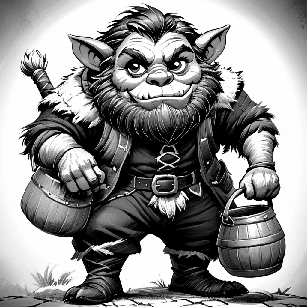 <lora:DnDBWIllustration:1> ArsMJStyle, DnDBWIllustration, Bugbear, The image shows a black and white drawing of a goblin with a beard holding a bucket in his hand. The goblin has a mischievous expression on its face and its fur is shaggy and its eyes are wide open. He is wearing a long dark cloak and has a pointed hat on his head. The bucket he is holding is filled with a dark liquid and the background is a light grey., greyscale, monochrome, solo, male focus, 1boy, pointy ears, belt, facial hair, beard, boots