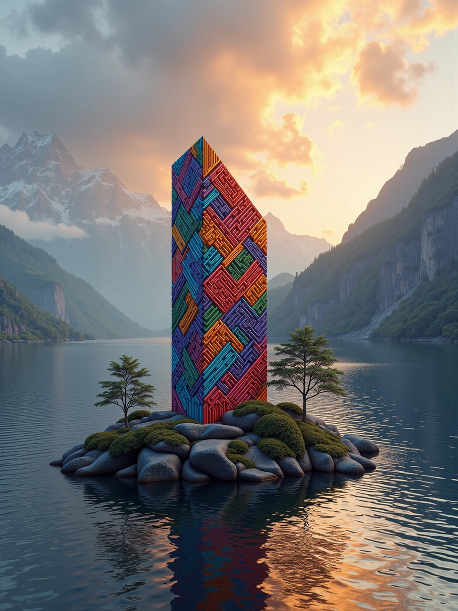 "mad-clrflmz monolith standing on an island in a serene mountain lake, sunset, godrays, haze, fog, floating islands in the background  <lora:colorful-maze-flux:1>"