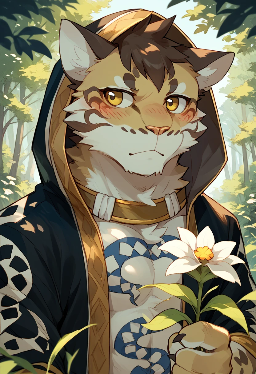 score_9, score_8_up, score_7_up, high quality, hires, solo, likulau, nekojishi, cl0uded le0p4rd, furry, tattoo, happy, looking away, forest, holding flower, blush, hood on, <lora:Likulau_Nekojishi:1>