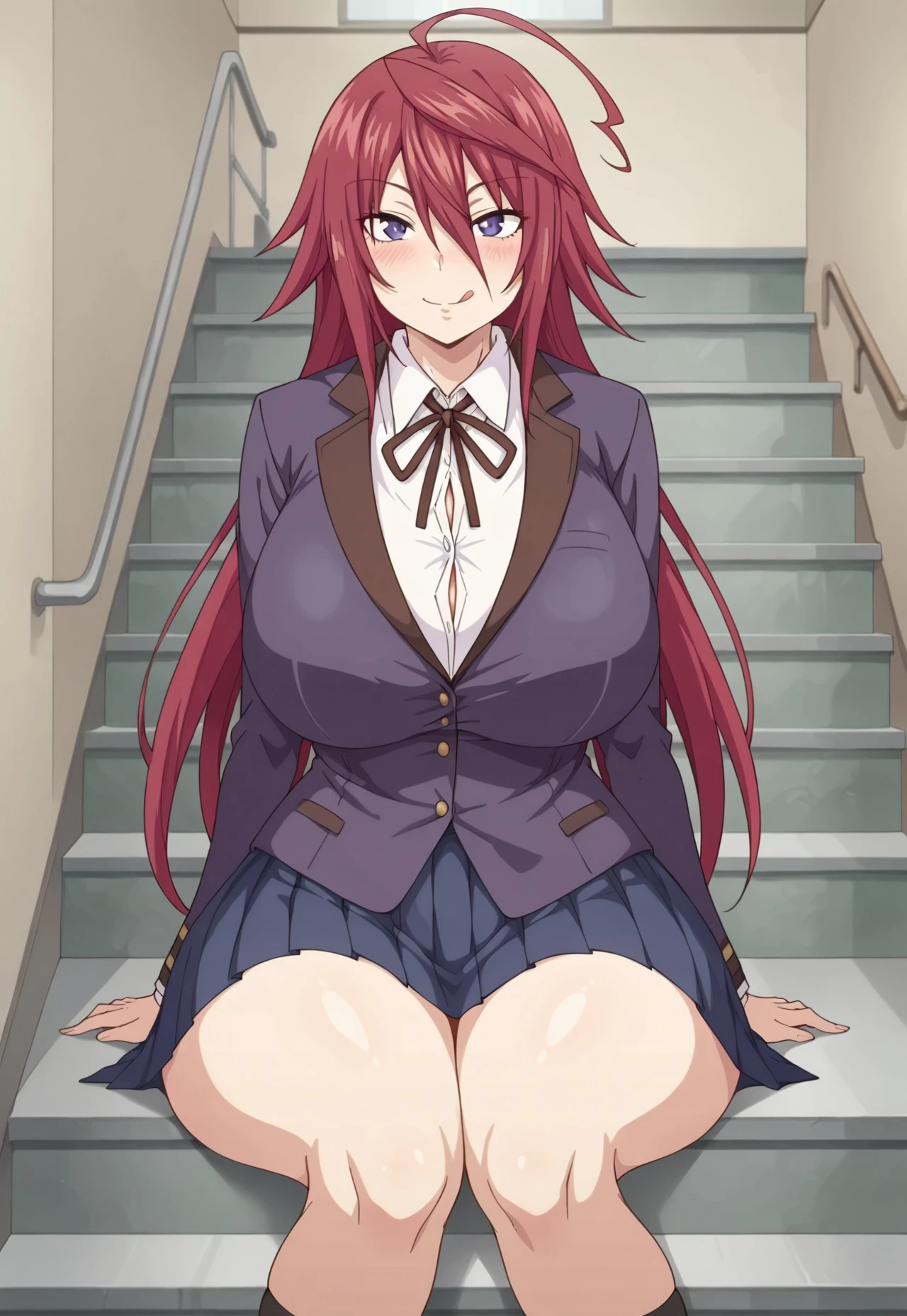 masterpiece, best quality, highres, NSFW, hentai, 1girl, red_hair, blue_eyes, large breasts, huge breasts, black collar, topless, bottomless, black thigh highs, classroom, kneeling on floor, spread legs, spread knees, right hand between legs, horny, excited smile, looking up at viewer, focus solo, giving a blowjob, sucking on penis, erect penis deep down throat.