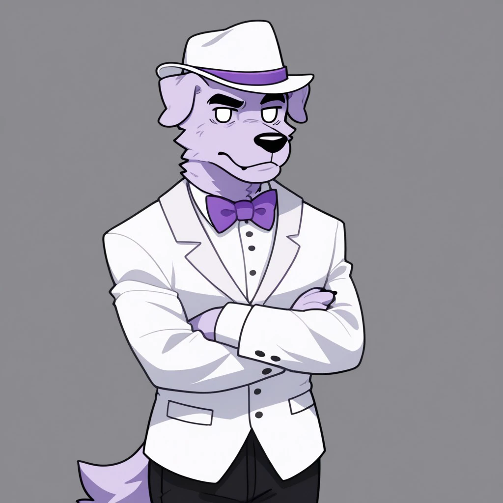 UHYEAH, light purple fur, completely white eyes, white tuxedo, Purple bow, white fedora with purple ribbon, black pants, crossing arms, raising right eyebrow