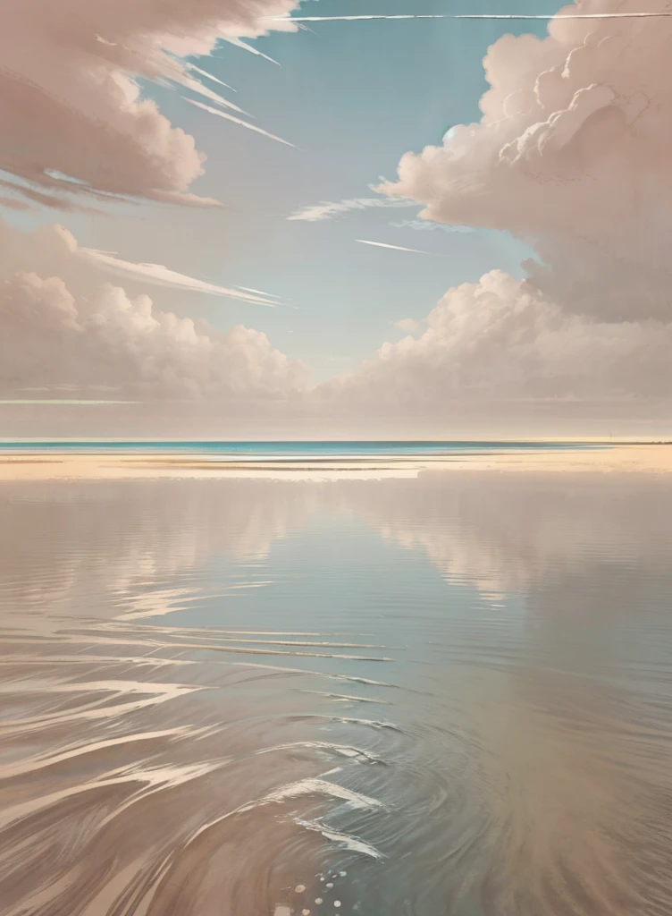 Epic Illustration Art representation of pastel tones, ((muted colors:1.6)), comic style, illustration art, illustration, bold contours, (bold outlines), <lora:ParIllu:0.3>, The tranquil seascape stretches endlessly, where the calm expanse of water mirrors the soft hues of the sky above. Gentle clouds float across the horizon, their shapes reflecting in the pristine waters, creating a sense of boundless serenity. The sea is a glassy surface, its gentle waves barely perceptible as they glide toward the shoreline, blending the horizon and water into one continuous line of peaceful tranquility. . striking artpiece, Clean and defined lines, precise outlining, elaborate features, sophisticated, refined, fancy style, sleek, neat style, elevated and lofty features, precise and clean structured, intricate, symmetrical, precision, clean lines