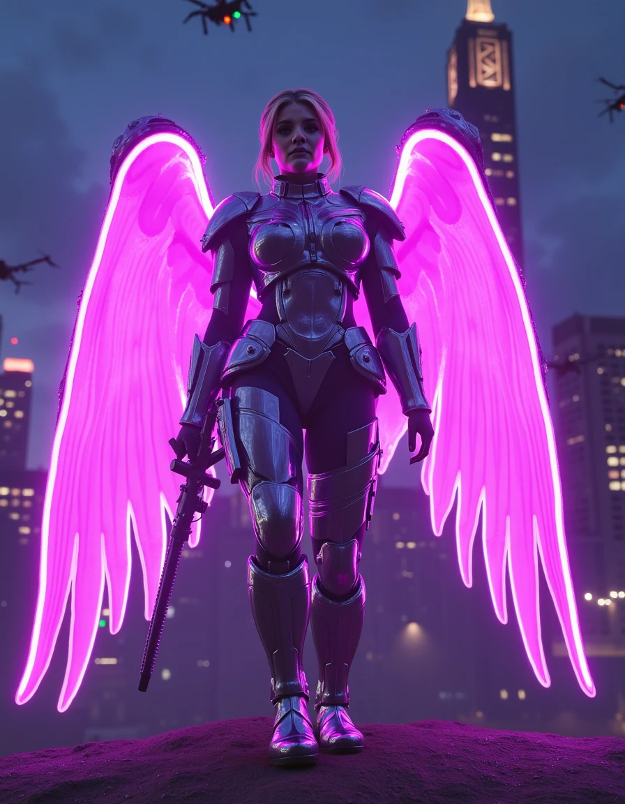 as a futuristic Valkyrie, standing tall in a cybernetic wasteland, neon wings spread wide, surrounded by hovering drones, dystopian cityscape in the background, clad in glowing armor, bold colors of violet and silver, a sense of silent rebellion, volumetric neon lights cutting through the night, hyper-realistic, cinematic, unreal engine rendering, in the style of Syd Mead's visionary futurism meets Simon Stålenhag's desolate sci-fi worlds. FluxLaAl, (average build, not too fit), sexy,  cleavage, <lora:Flux1D-FluxLaAl_v4:1.15>,  fair complexion,